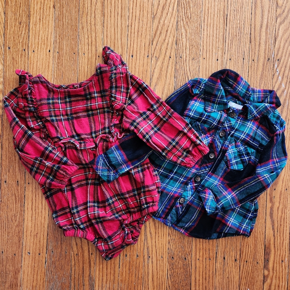 Old Navy Plaid Flannel One-Piece Bubble Romper and Pocket Shirt 18 M